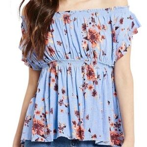 Free People Sky Combo Off Shoulder Floral Blouse